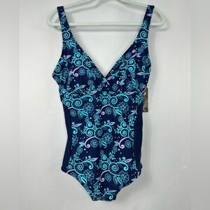NWT Polovi Blue & Pink Floral One Piece Swimsuit Women’s Swimwear Sz 12-18